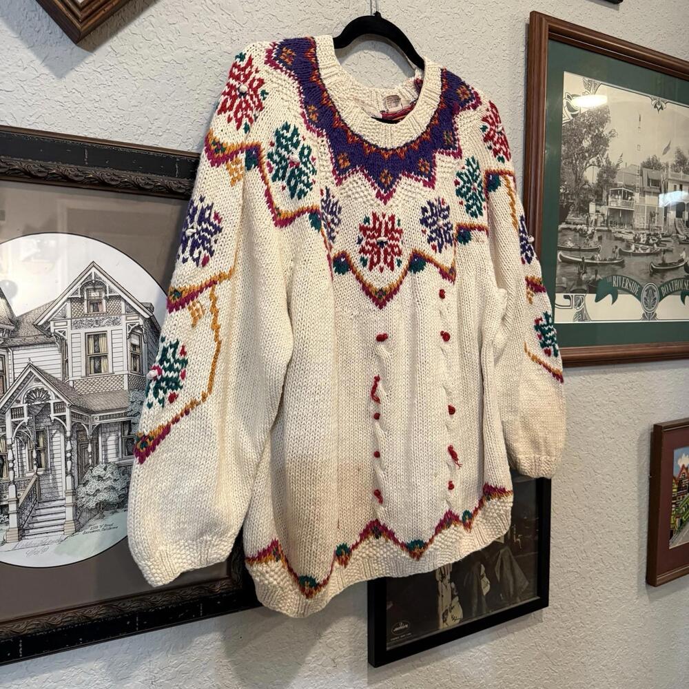 Vintage 90s RARE Venezia Womens Hand Knit Sweater Pullover Size 14-16 Snowflakes - Picture 2 of 6